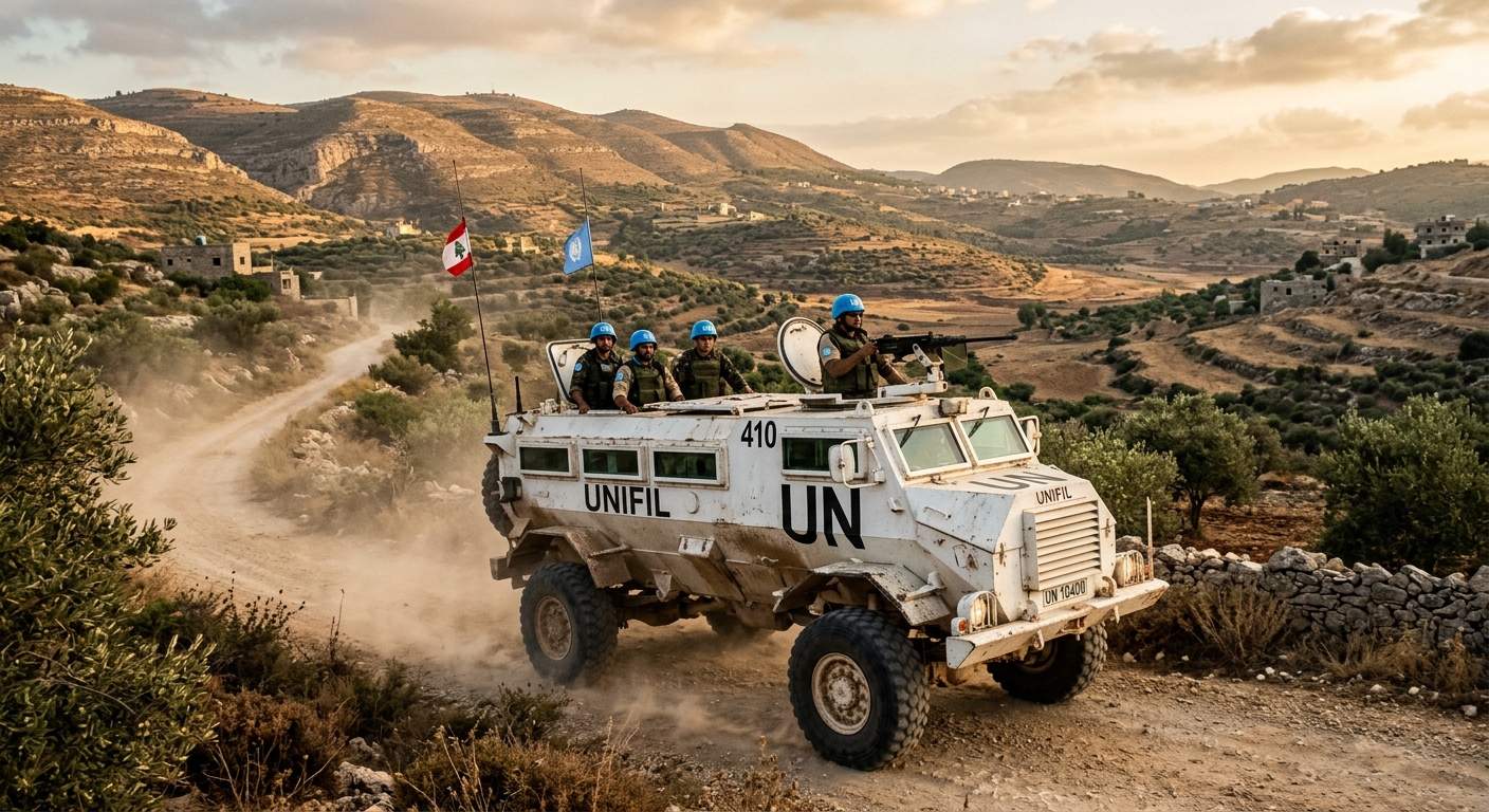 A UNIFIL armored vehicle on a dusty road in southern Lebanon