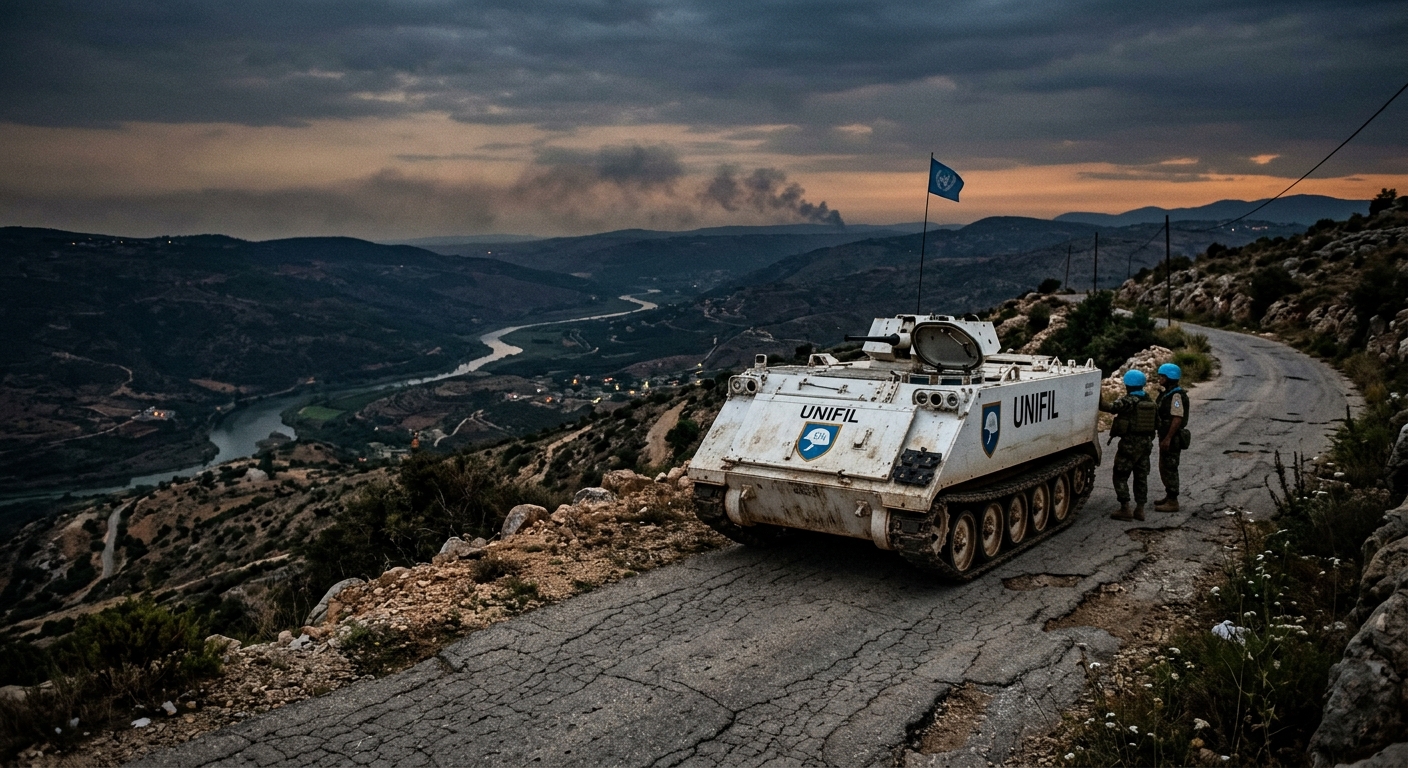 A UNIFIL armored vehicle with UN blue helmet insignia parked on a cracked hillside road in southern Lebanon at dusk, wisps of smoke on the horizon, the Litani river valley visible below. Somber, photojournalistic, muted palette.