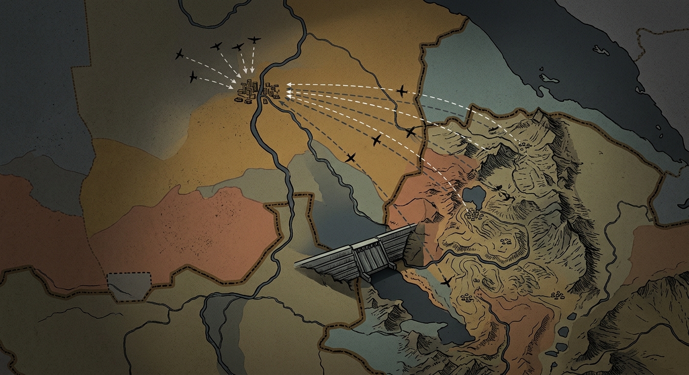 Editorial illustration: a stylized map of the Horn of Africa showing dashed drone flight paths from western Ethiopia into Sudan toward Khartoum, with the Blue Nile and Grand Ethiopian Renaissance Dam marked.