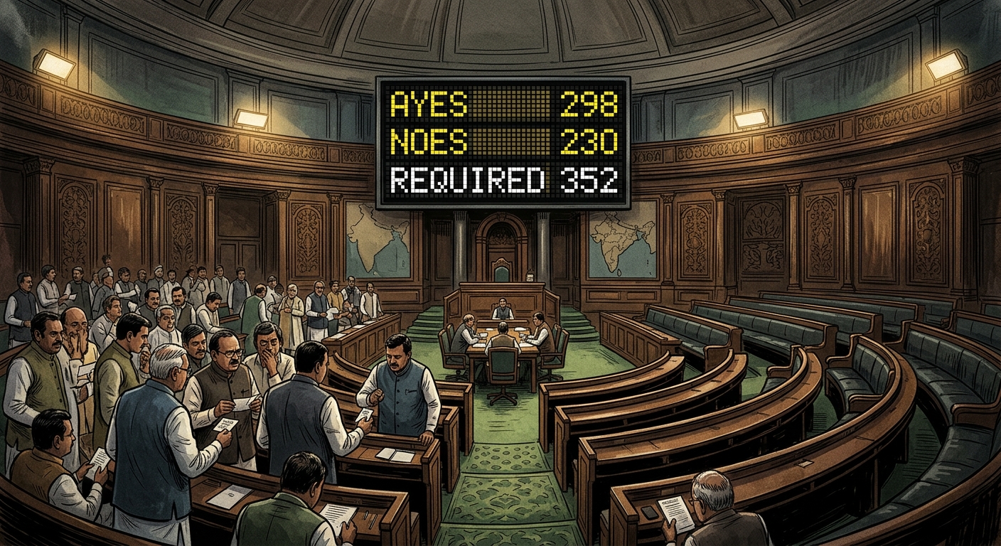 Editorial illustration of India's Lok Sabha chamber during a vote, with a large digital tally board showing "AYES 298 / NOES 230 / REQUIRED 352" in warm chamber lighting. Empty benches on one side suggest opposition walkout. Somber, high-detail photojournalistic style.