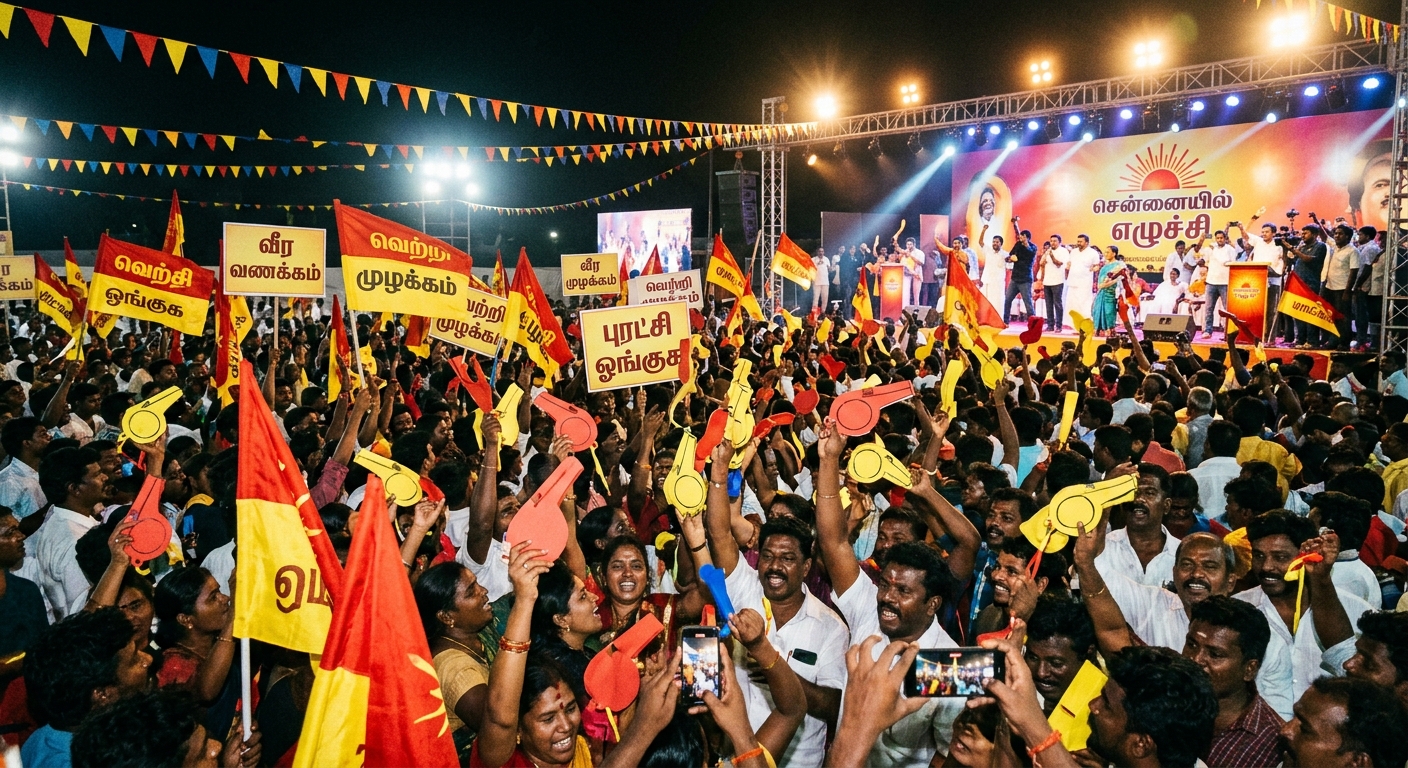 Chennai rally at night, whistle symbols and TVK banners under floodlights