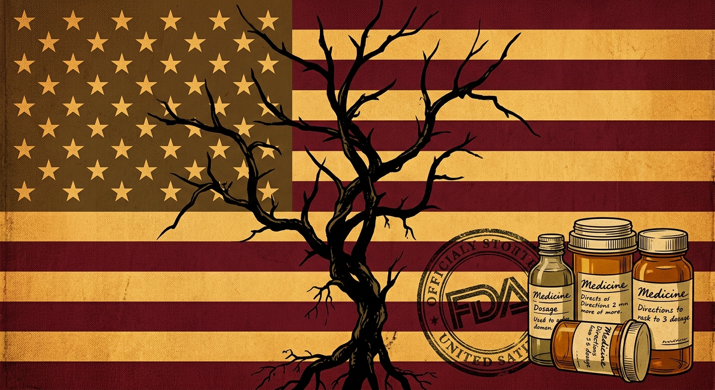 Editorial illustration: iboga root shrub silhouetted against a stylised American flag, with prescription pill bottles and an FDA-style stamp overlaid.