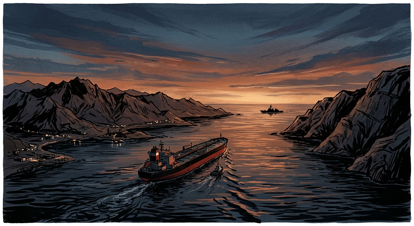 Editorial illustration of an oil tanker moving through the Strait of Hormuz at dusk