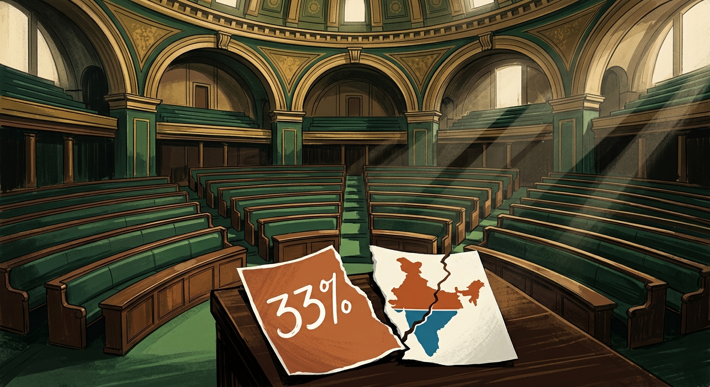 Editorial illustration: India's Lok Sabha chamber with empty seats symbolising the defeated 131st Constitutional Amendment; a torn ballot with "33%" on one side and a map of India split between north and south on the other.
