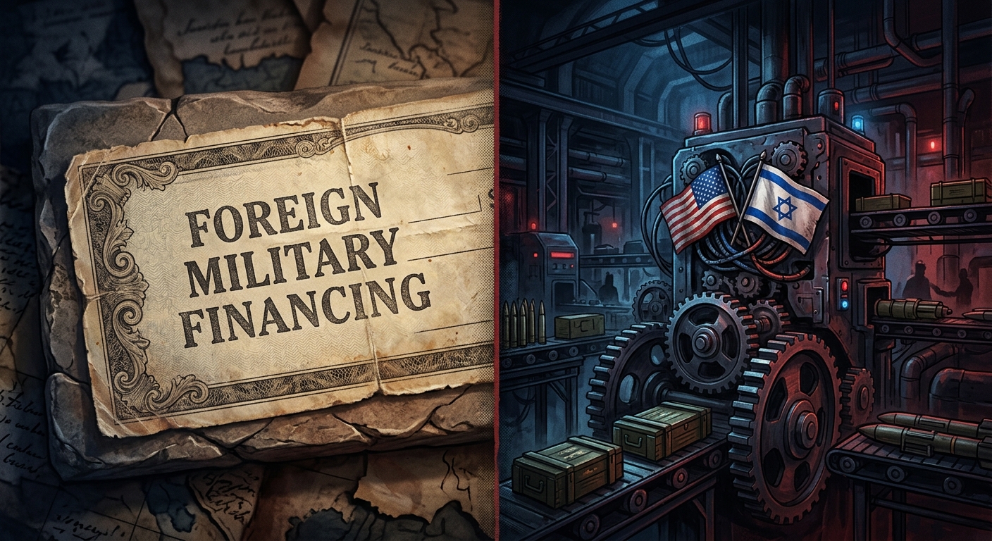 Editorial illustration: the fading FMF check and the interlocking U.S.-Israel industrial supply chain