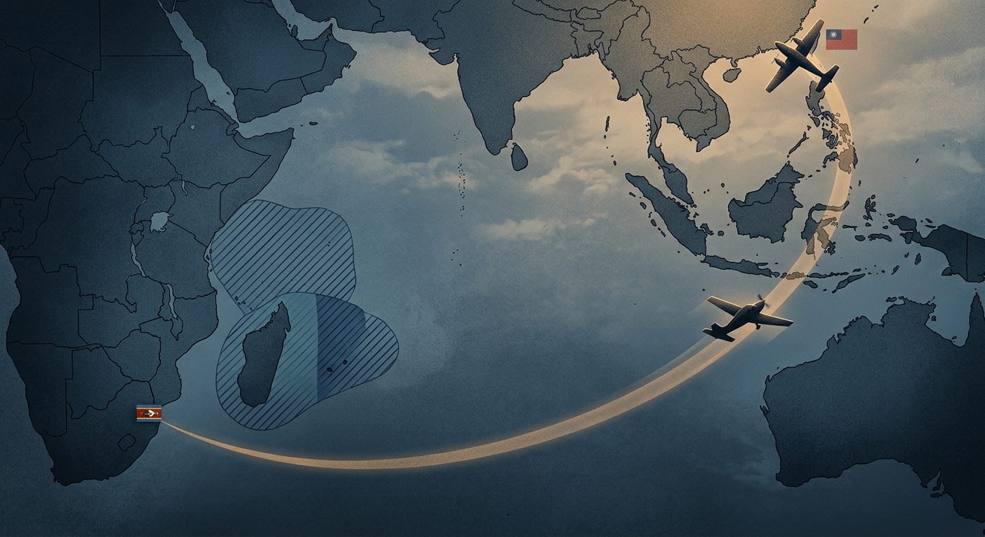 Editorial illustration of a charter aircraft flying an arcing route around the southern Indian Ocean, avoiding the airspace of Seychelles, Mauritius and Madagascar.