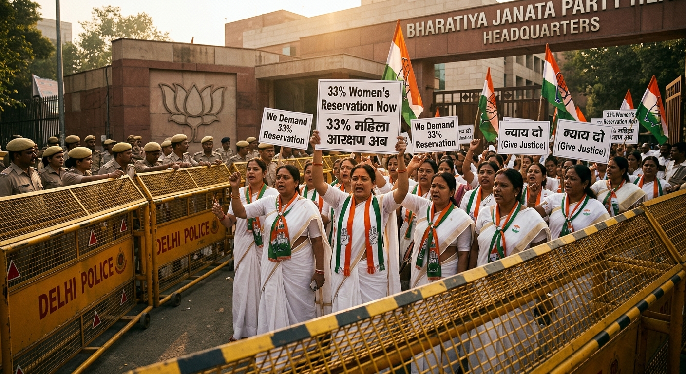 Congress women protest outside BJP headquarters in Delhi demanding immediate implementation of the 33% women's reservation